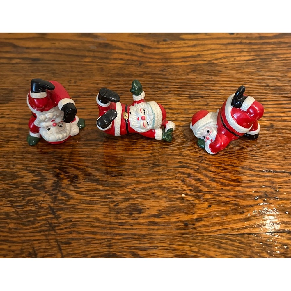 Vintage JSNY Ceramic Tumbling Santa Claus Figurines Set of 3 Christmas Decor